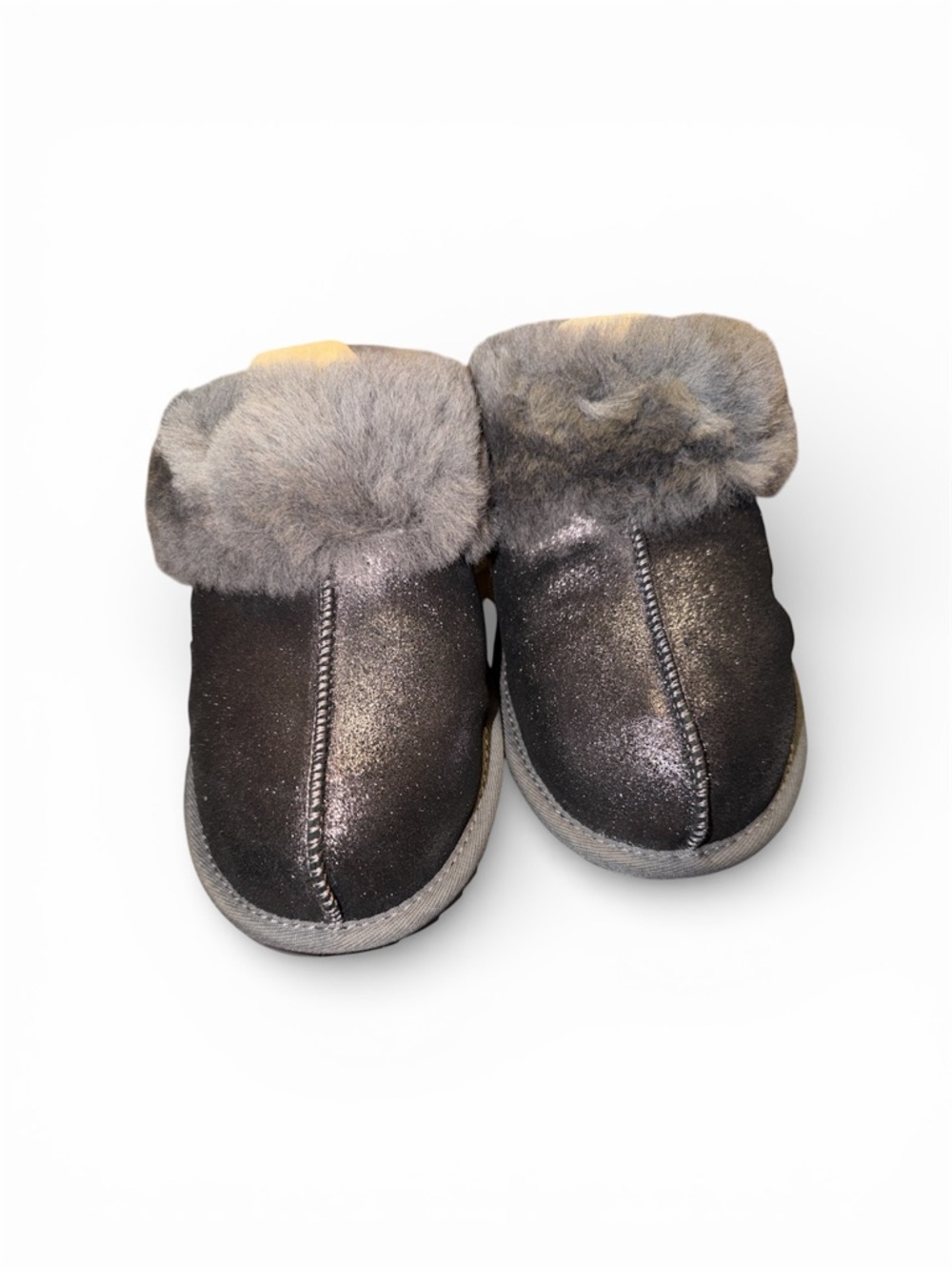 UGG Kids Metallic Charcoal Faux Fur Cuff Slip-On Slippers